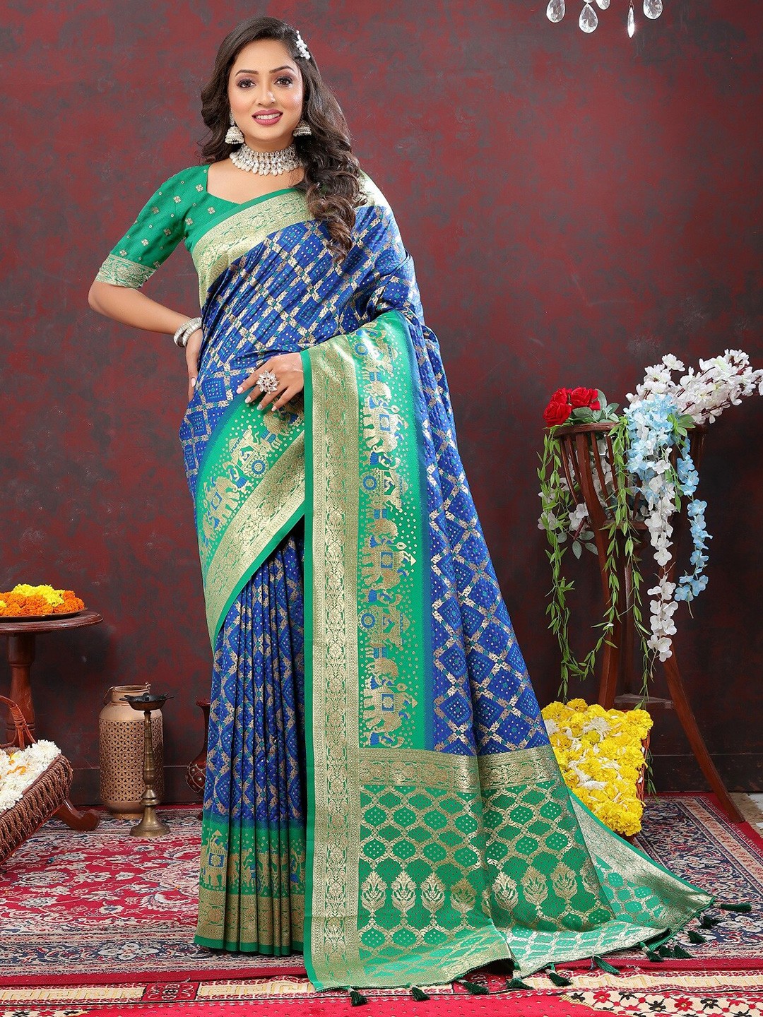 

bansari textiles Geometric Woven Design Zari Silk Cotton Banarasi Saree, Blue