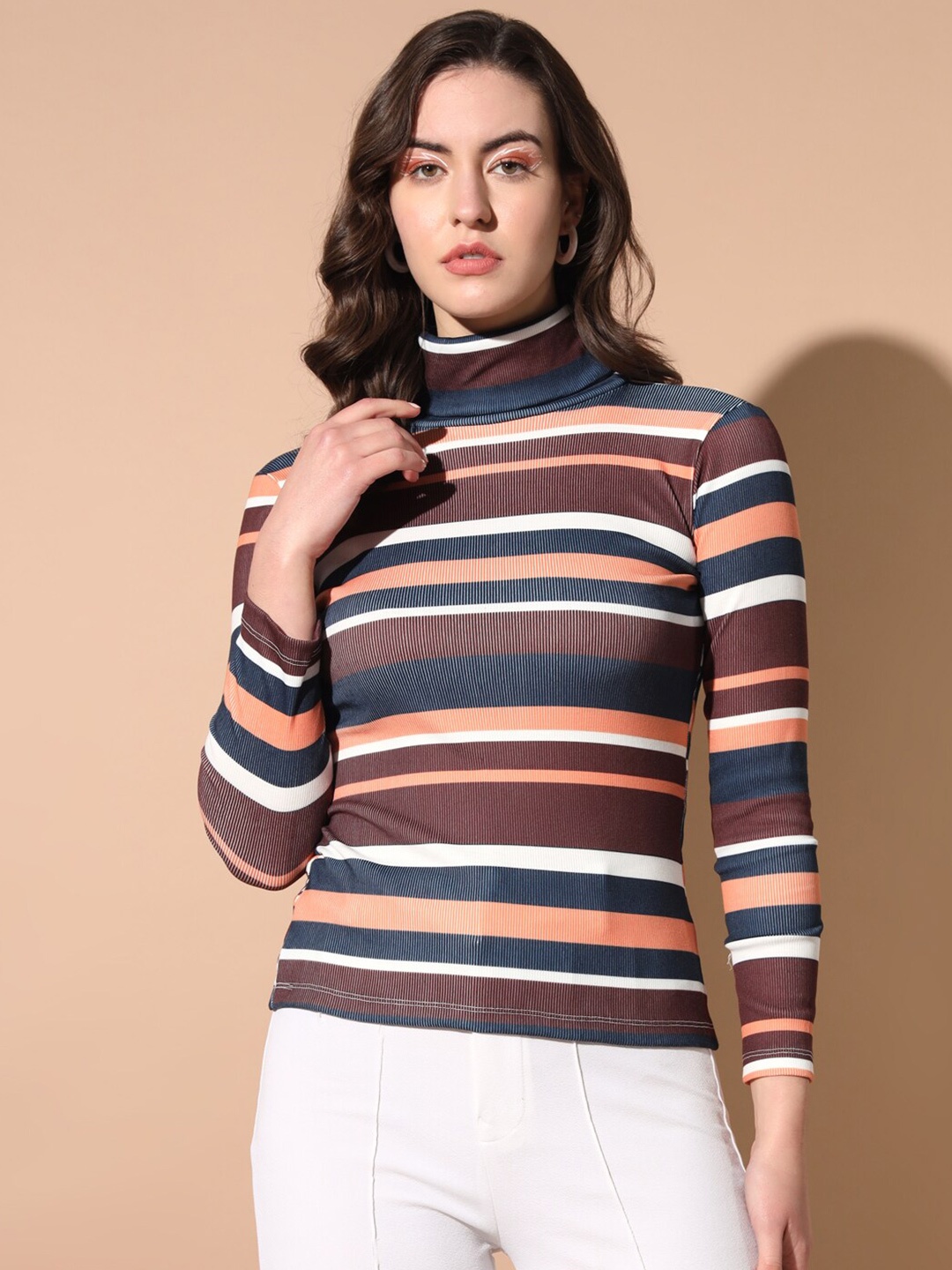 

BAESD Striped Turtle Neck Pullover, Brown