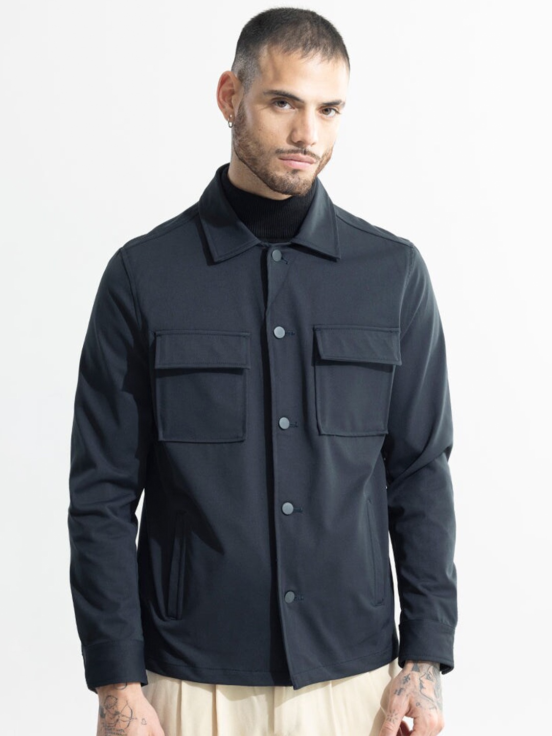 

Snitch Navy Blue Spread Collar Pure Cotton Tailored Jacket