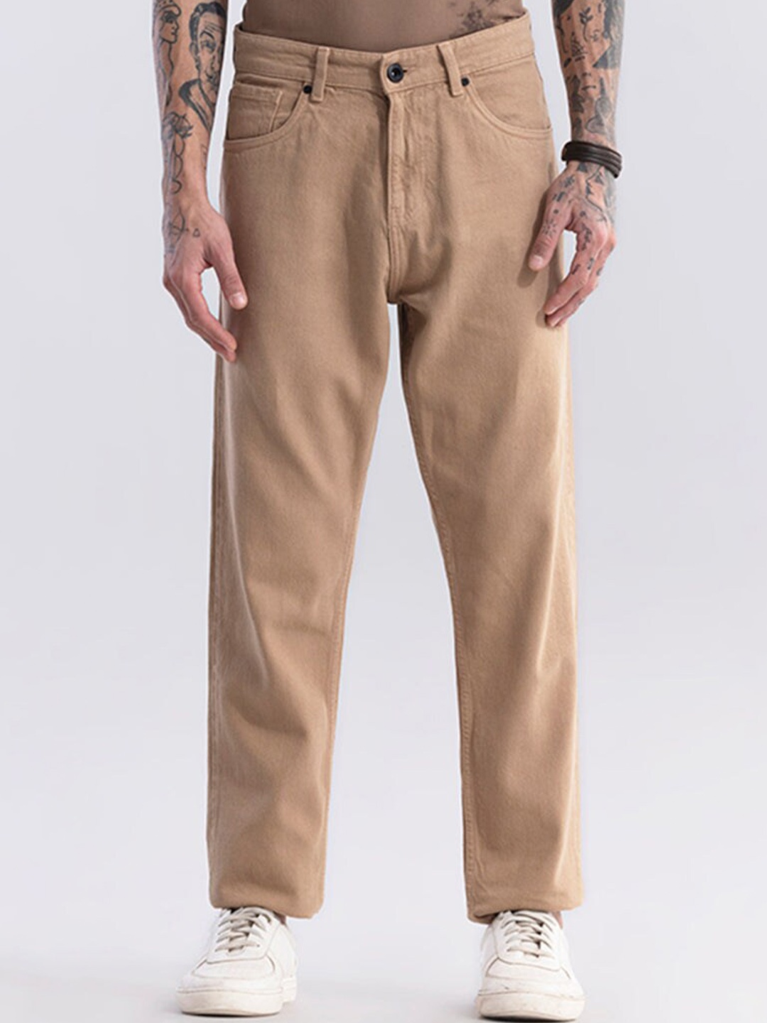

Snitch Men Beige Baggy-Fit Relaxed Fit Pure Cotton Jeans