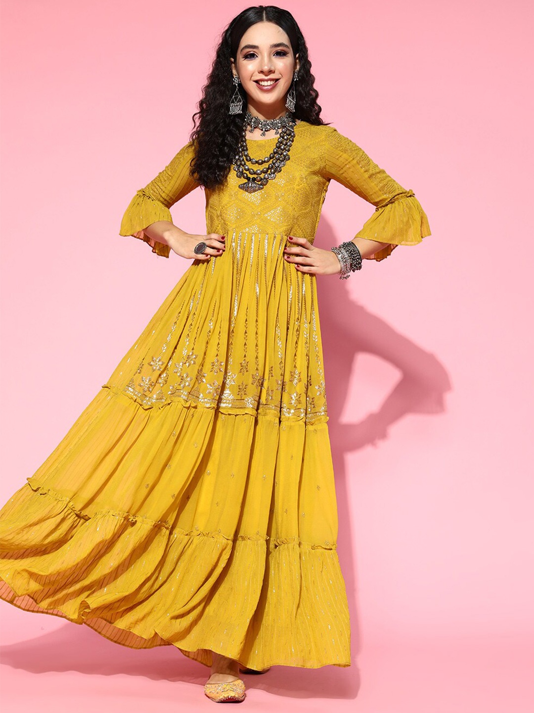 

Sangria Mustard Sequined Zari Georgette Maxi Ethnic Dresses