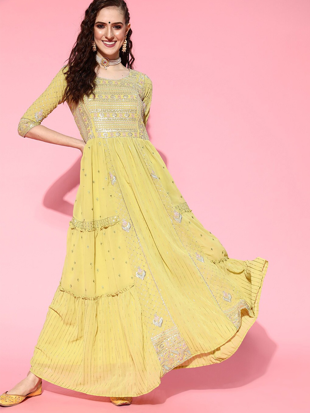 

Sangria Lime Green Sequined Zari Georgette Maxi Ethnic Dresses