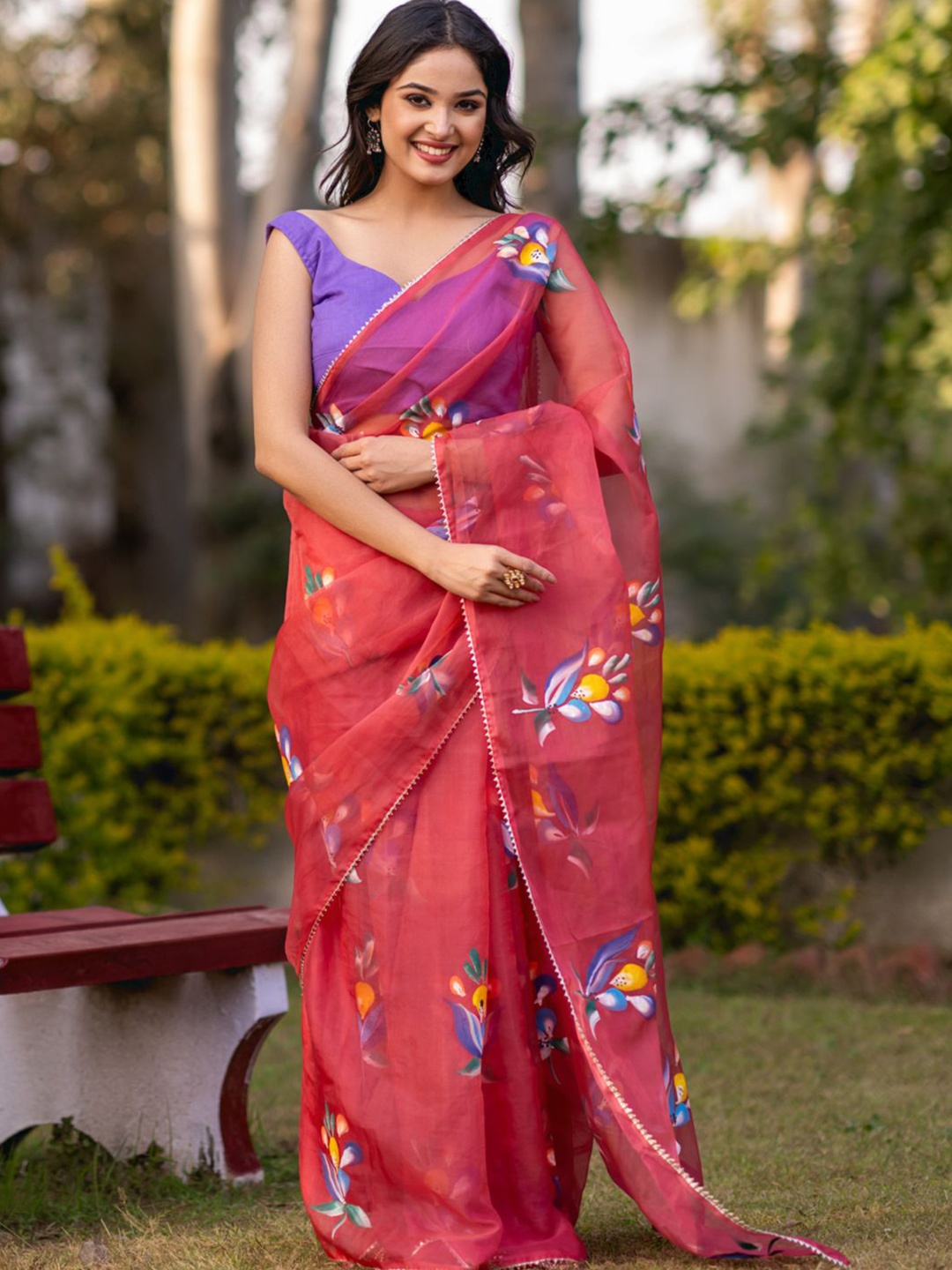 

HOUSE OF JAMOTI Organza Block Print Gotta Patti Saree, Red