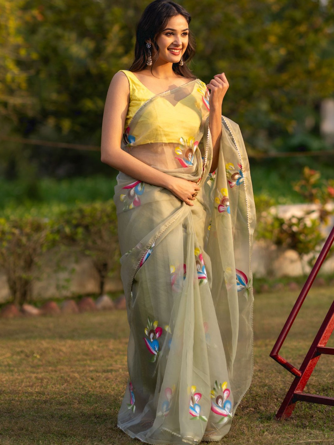 

HOUSE OF JAMOTI Organza Block Print Gotta Patti Saree, Green