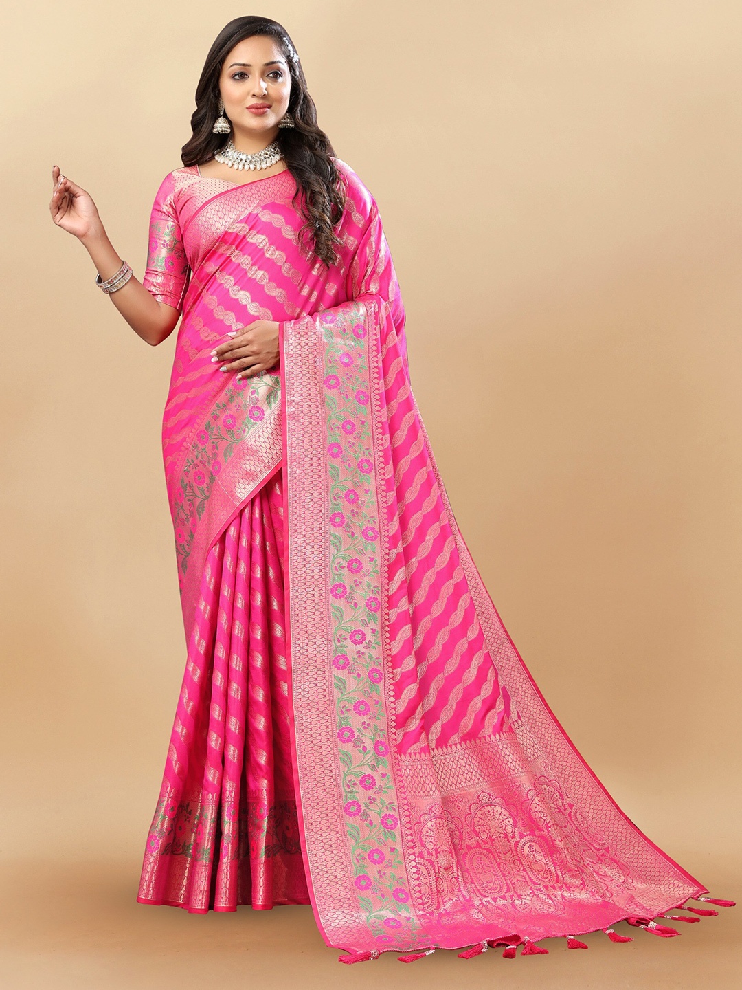 

bansari textiles Striped Woven Design Zari Silk Cotton Designer Banarasi Saree, Pink