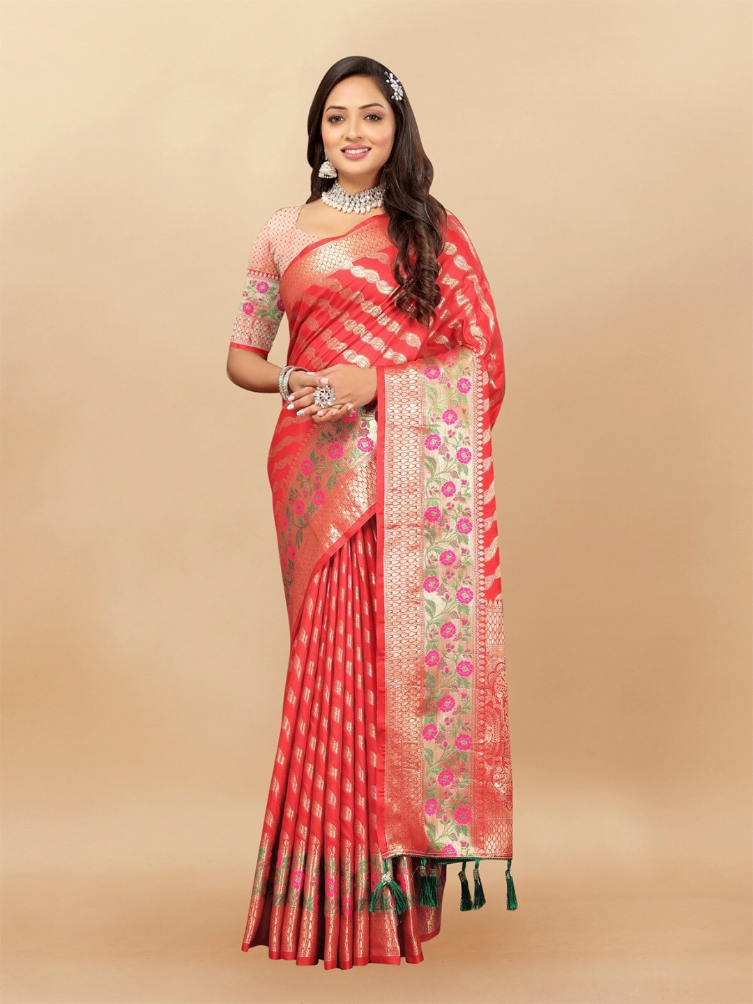 

bansari textiles Striped Woven Design Zari Silk Cotton Banarasi Saree, Red