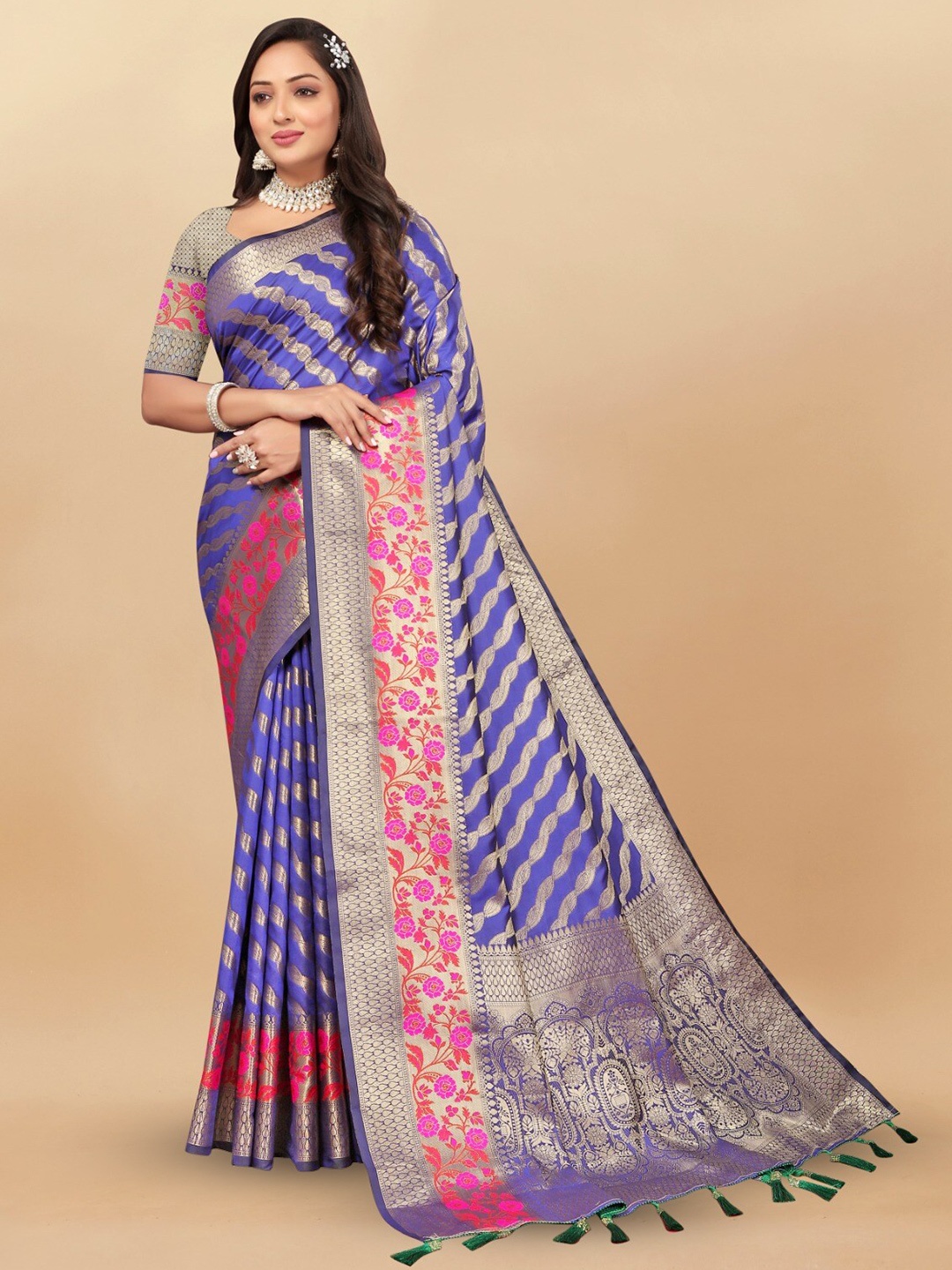 

bansari textiles Striped Woven Design Zari Silk Cotton Designer Banarasi Saree, Navy blue