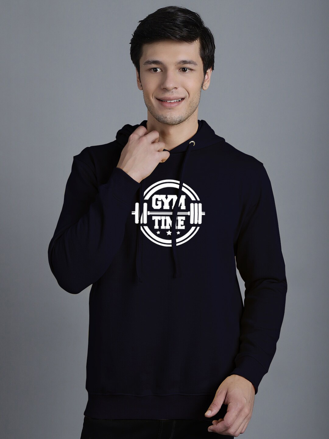 

Friskers Typography Printed Long Sleeves Hooded Fleece Pullover, Navy blue