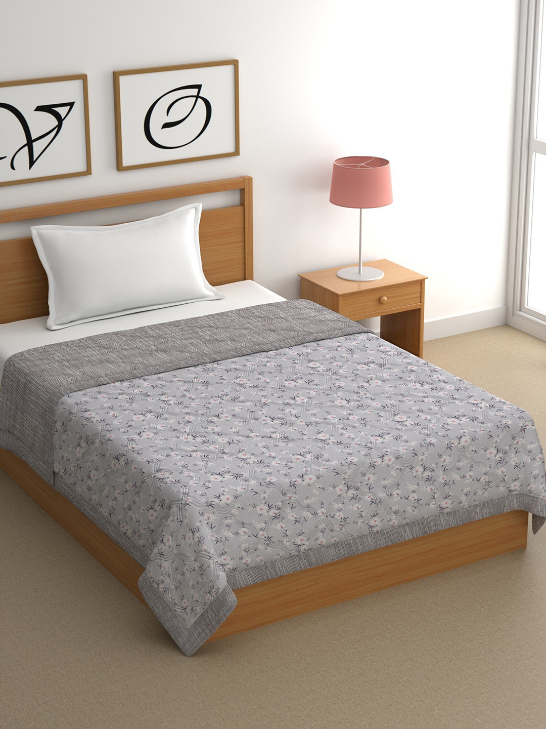 

CHHAVI INDIA Grey & White Floral Comforter Cotton AC Room 350 GSM Single Bed Blankets
