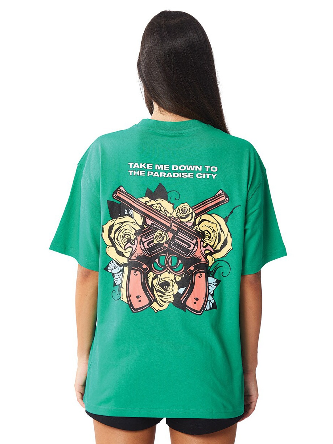 

Bonkers Corner Graphic Printed Drop Shoulder Sleeves Cotton Oversized T-shirt, Green