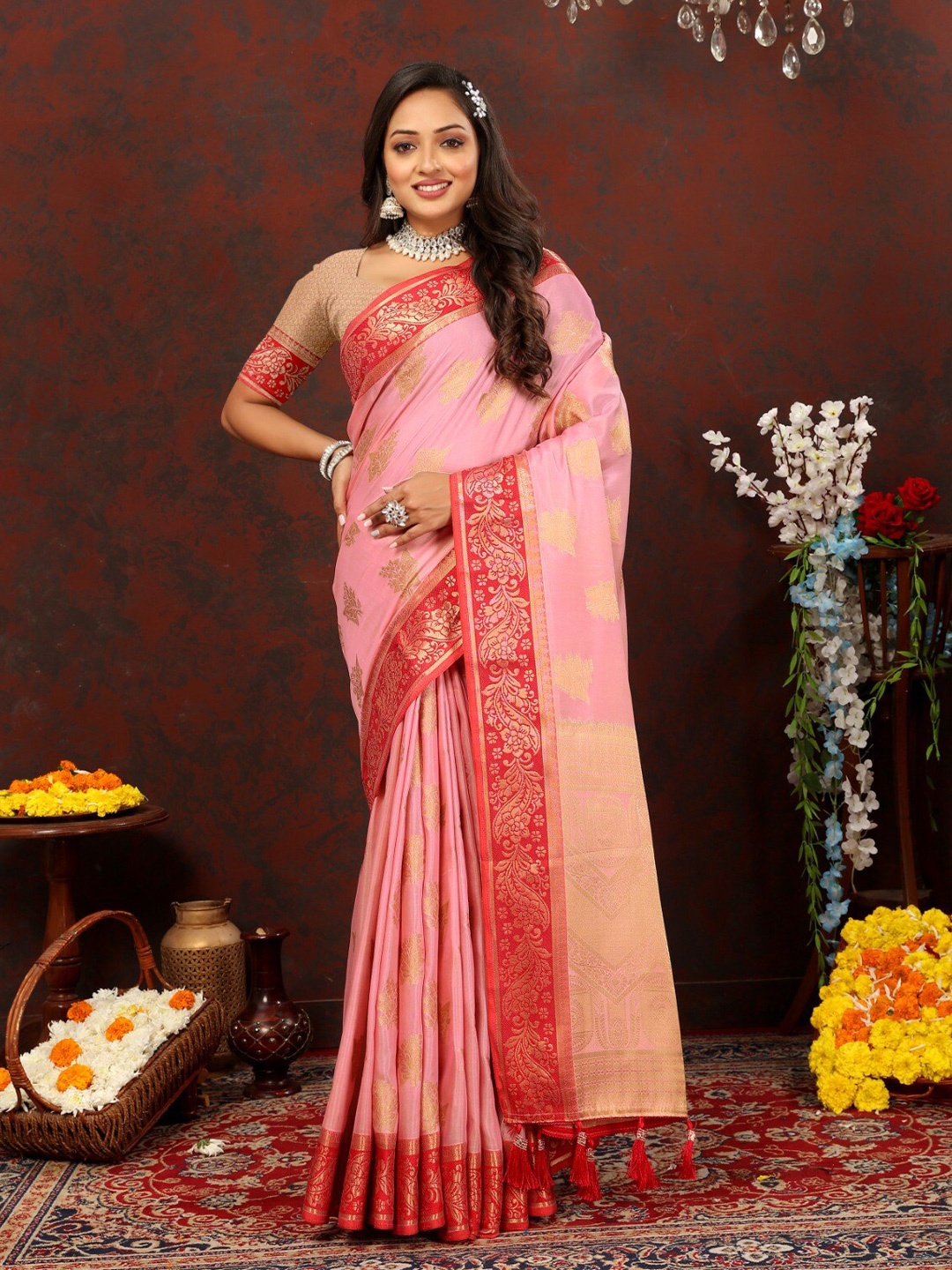 

bansari textiles Ethnic Motifs Woven Design Zari Silk Cotton Banarasi Saree, Pink