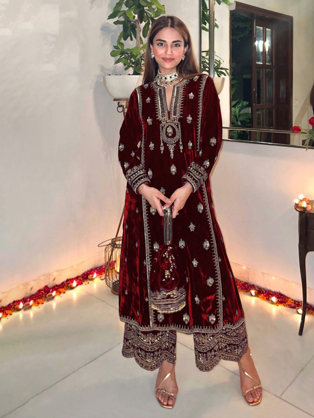 

KALINI Maroon Embroidered Velvet Unstitched Dress Material