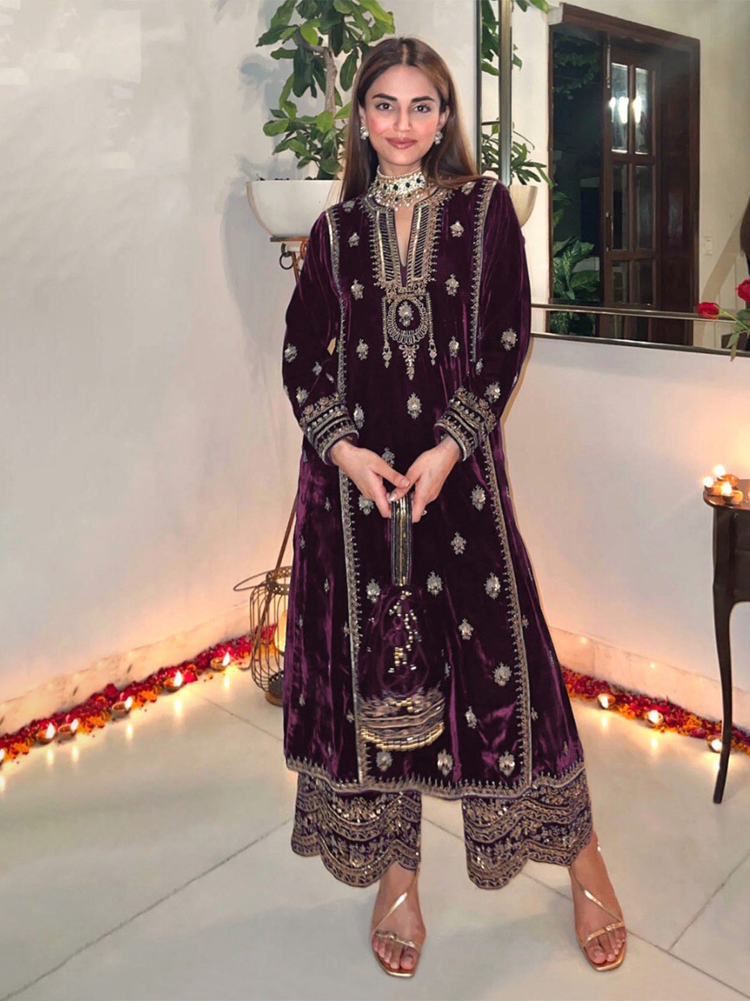 

KALINI Purple Embroidered Velvet Unstitched Dress Material