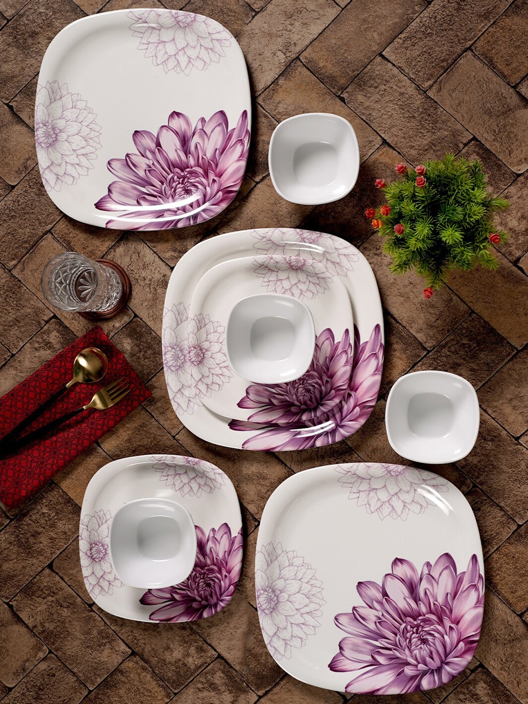 

CDI White Pink 18 Pieces Printed Floral Square Melamine Glossy Dinner Set
