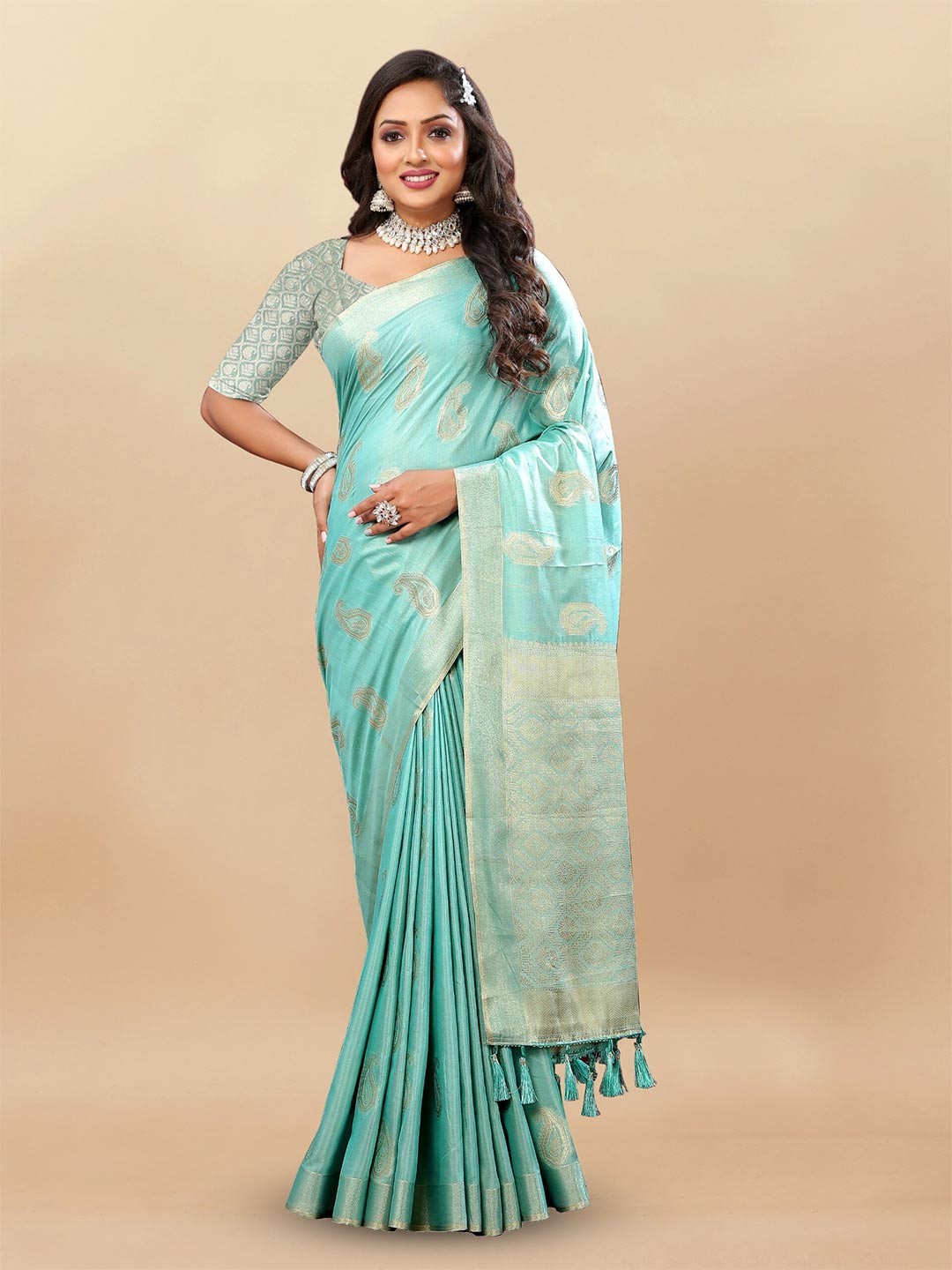 

bansari textiles Ethnic Motifs Woven Design Zari Silk Cotton Banarasi Saree, Olive