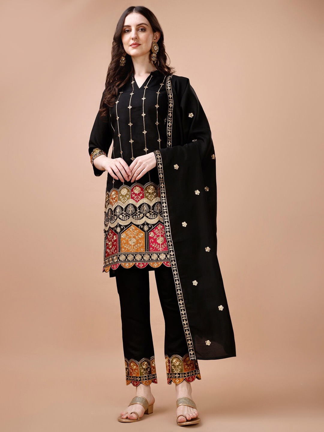 

KALINI Ethnic Motifs Embroidered V Neck Sequinned Work Kurta with Trousers & With Dupatta, Black