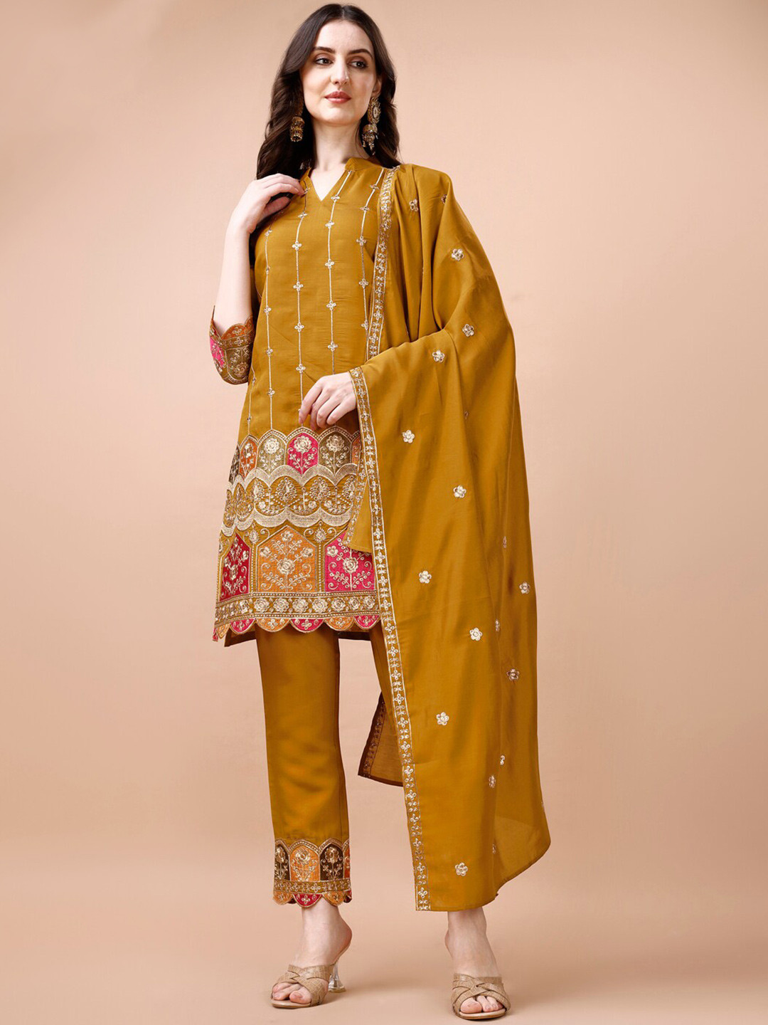 

KALINI Ethnic Motifs Embroidered V Neck Sequinned Work Kurta with Trousers & With Dupatta, Yellow