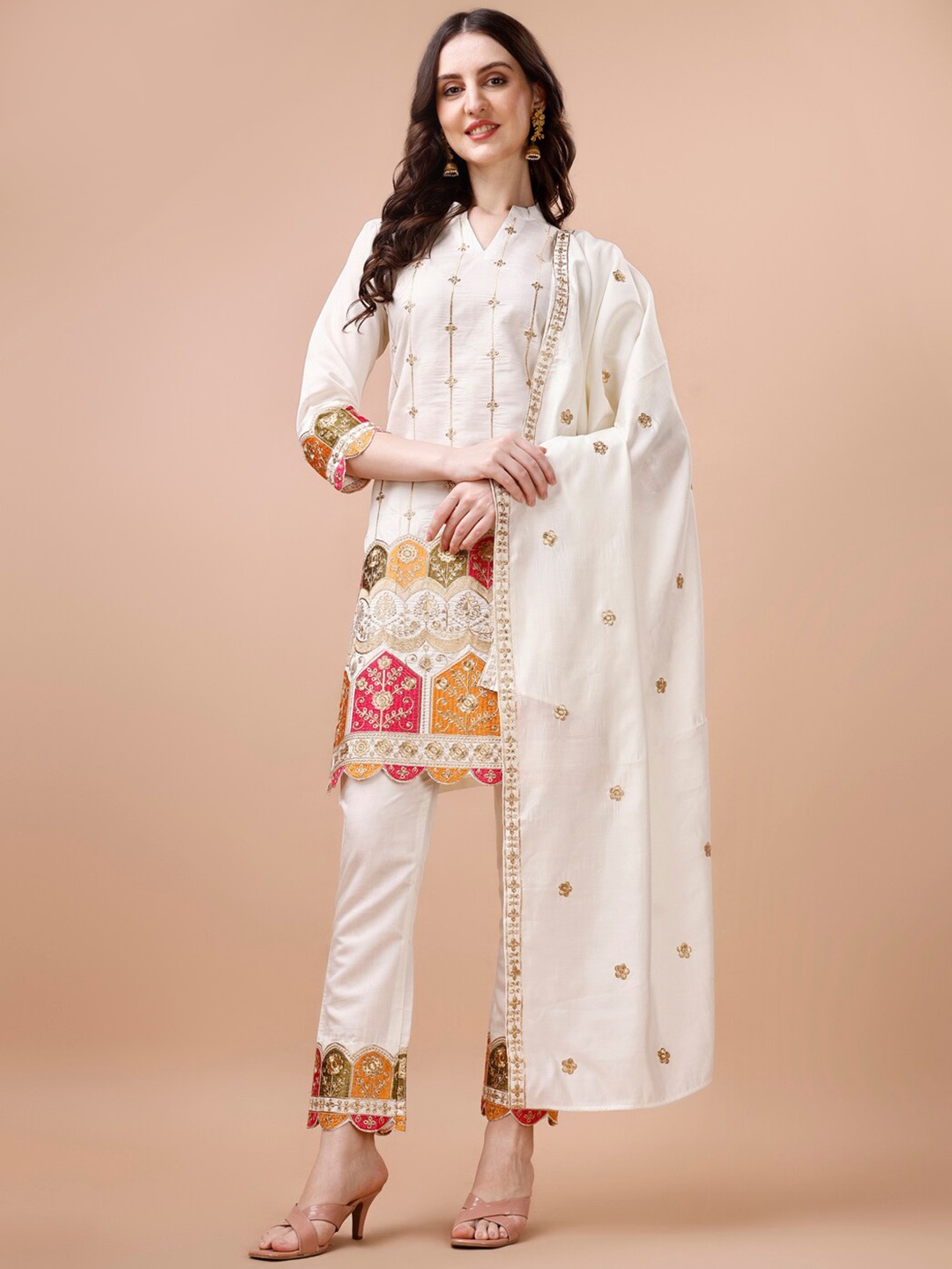 

KALINI Ethnic Motifs Embroidered Regular Kurta With Trousers & With Dupatta, White