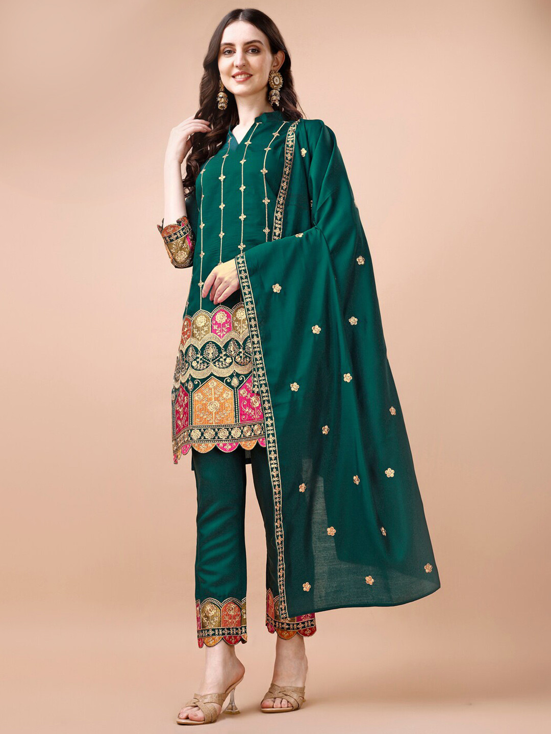 

KALINI Ethnic Motifs Embroidered Regular Straight Kurta With Trousers & With Dupatta, Green