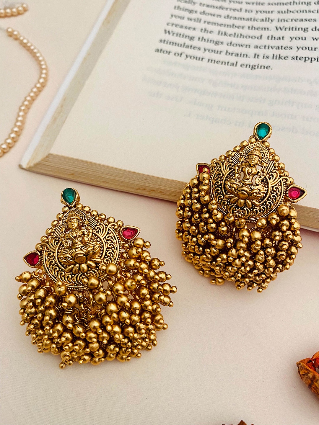 

ABDESIGNS Gold-Plated Stone-Studded & Beaded Temple Cluster Laxmi Classic Drop Earrings
