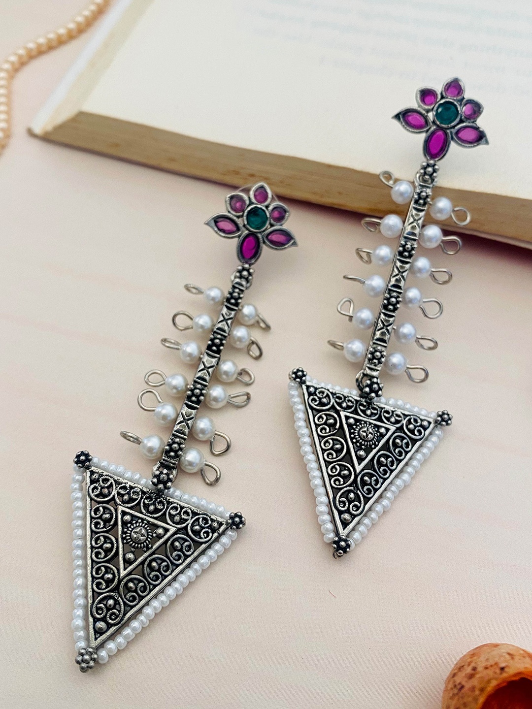 

ABDESIGNS German Silver-Plated Stone-Studded & Beaded Oxidised Classic Drop Earrings