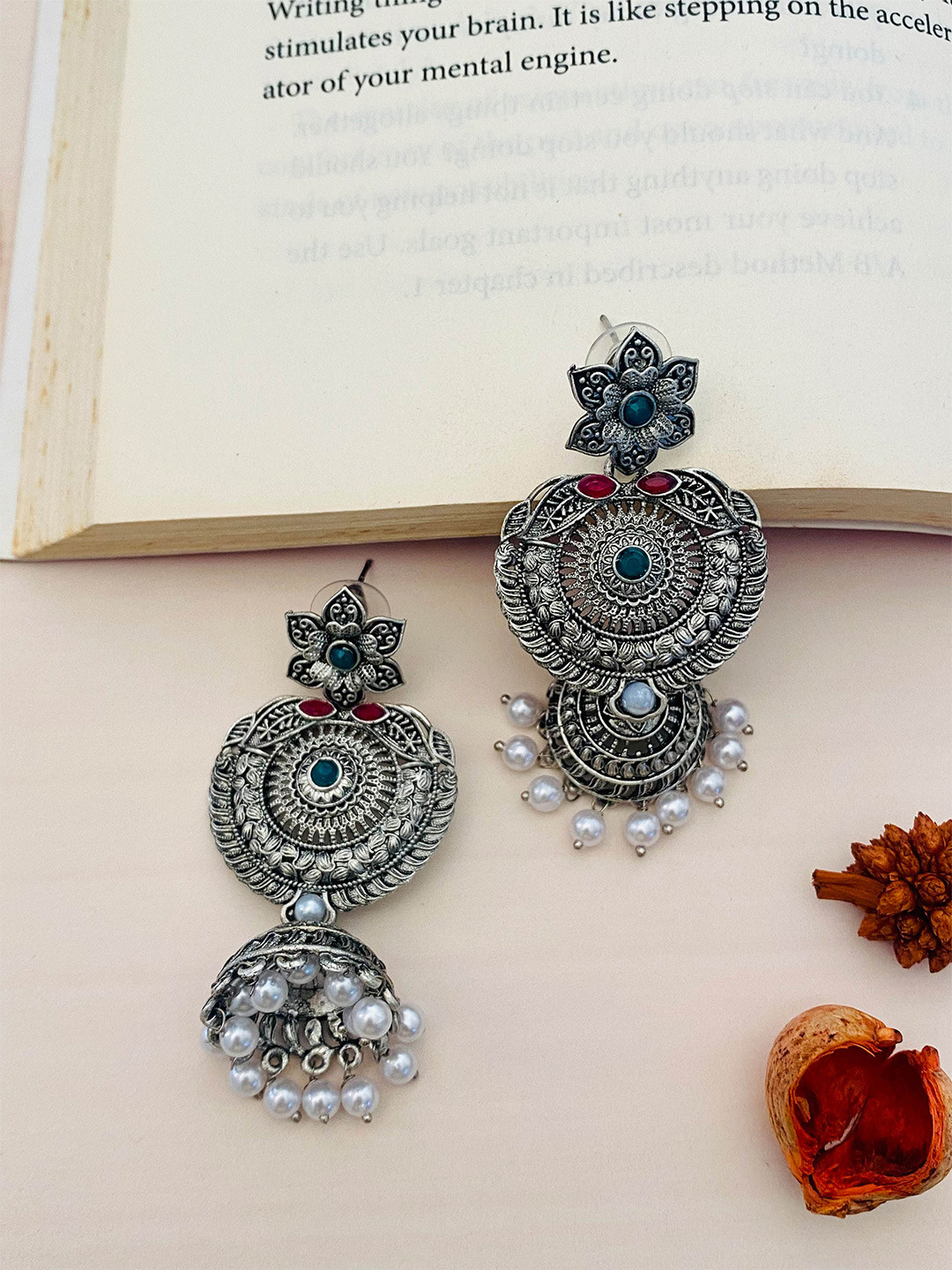 

ABDESIGNS German Silver-Plated Stone-Studded & Beaded Oxidised Classic Drop Earrings