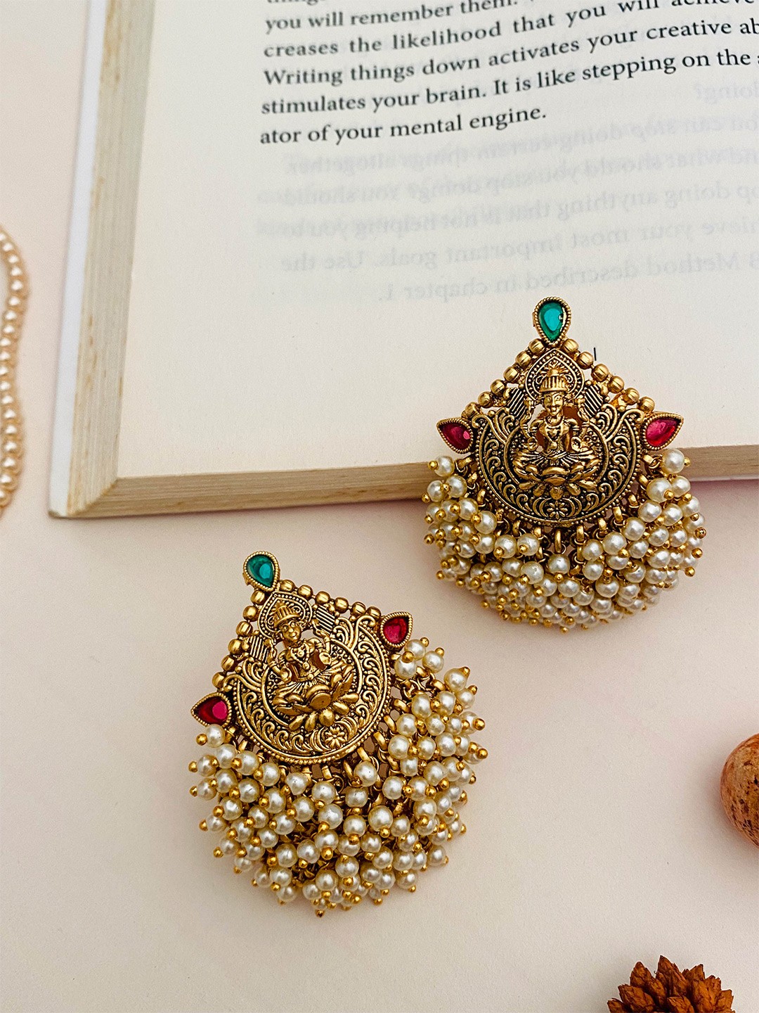 

ABDESIGNS Gold Plated Stone-Studded & Beaded Temple Cluster Laxmi Pearl Drop Earrings