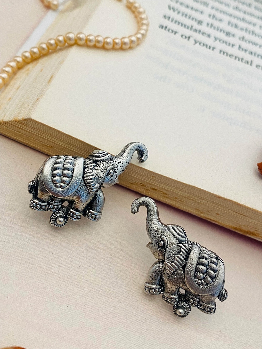 

ABDESIGNSGerman Silver-Plated Stone Studded Beaded Oxidised Animal Shaped Drop Earrings