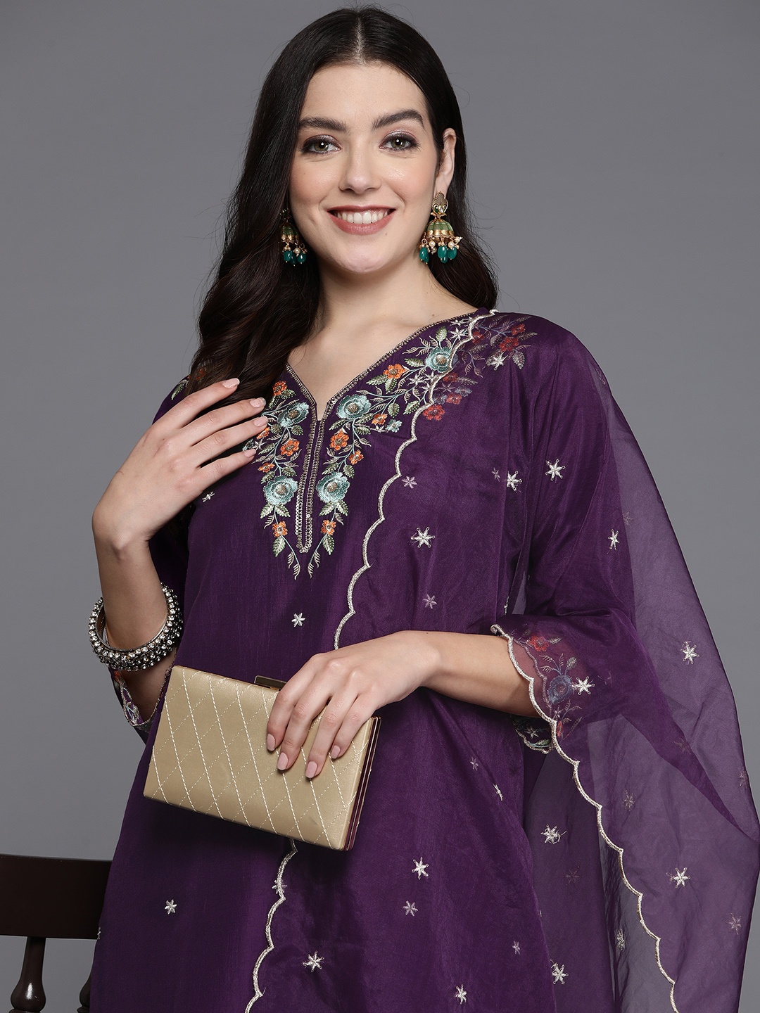 

Indo Era Women Floral Yoke Design Regular Thread Work Kurta with Trousers & Dupatta, Purple