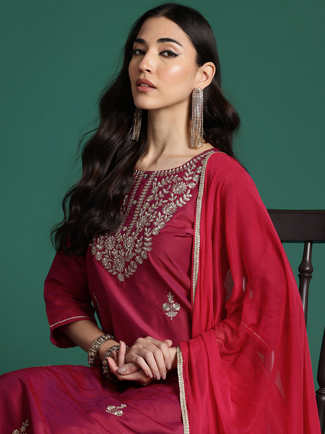 

Indo Era Ethnic Motifs Embroidered Kurta with Trousers & With Dupatta, Magenta