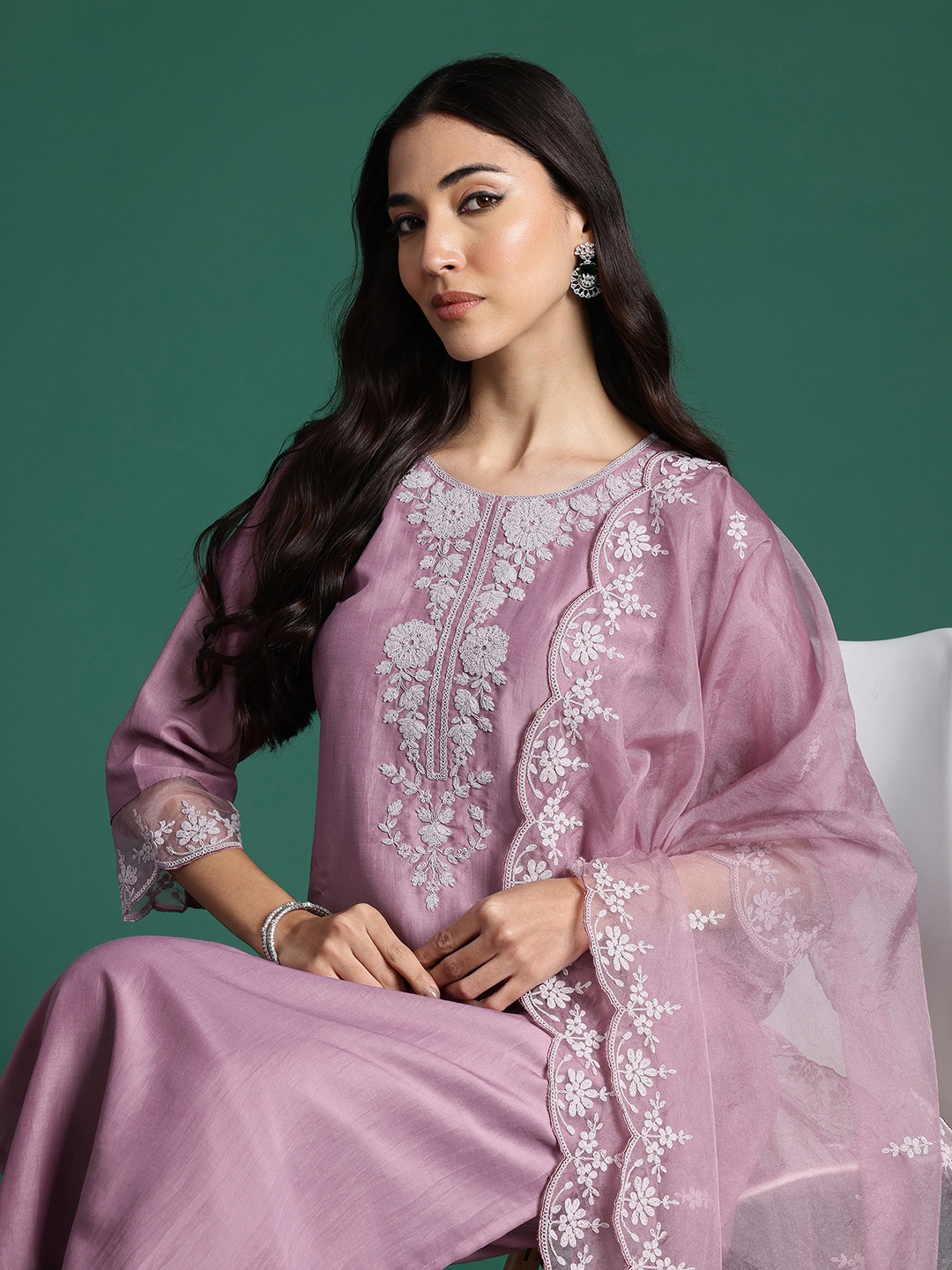 

Indo Era Embroidered Zari Kurta with Trousers & With Dupatta, Mauve