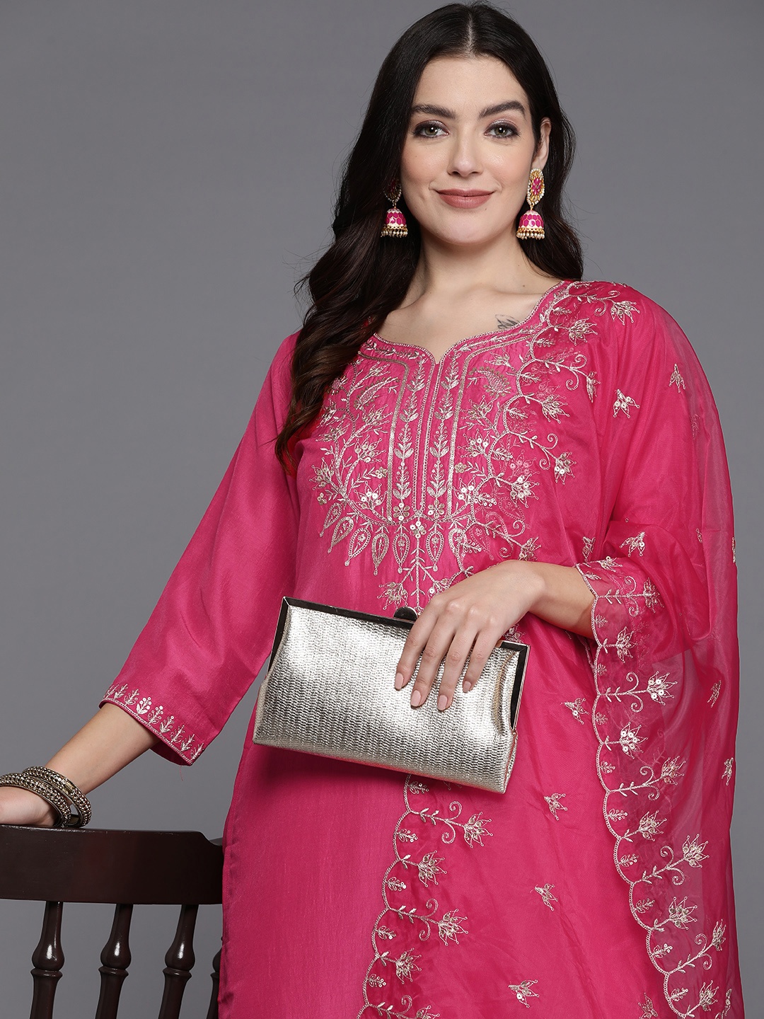 

Indo Era Women Floral Yoke Design Regular Kurta with Trousers & With Dupatta, Pink