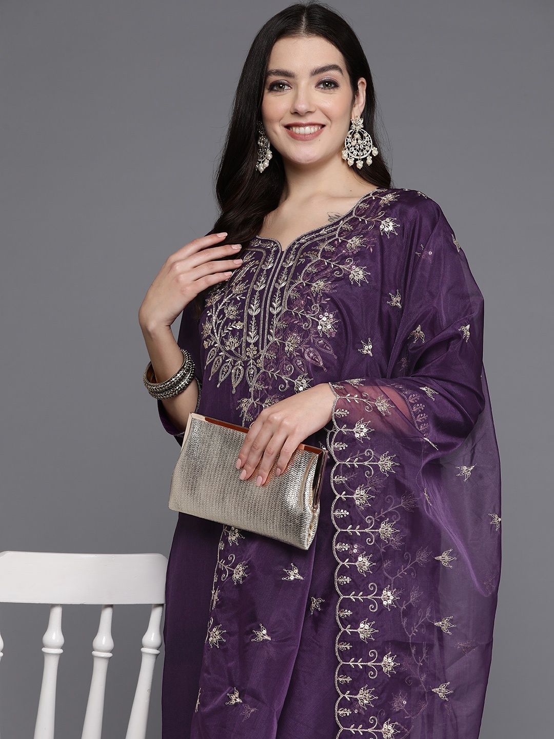 

Indo Era Women Floral Yoke Design Regular Kurta with Trousers & With Dupatta, Purple