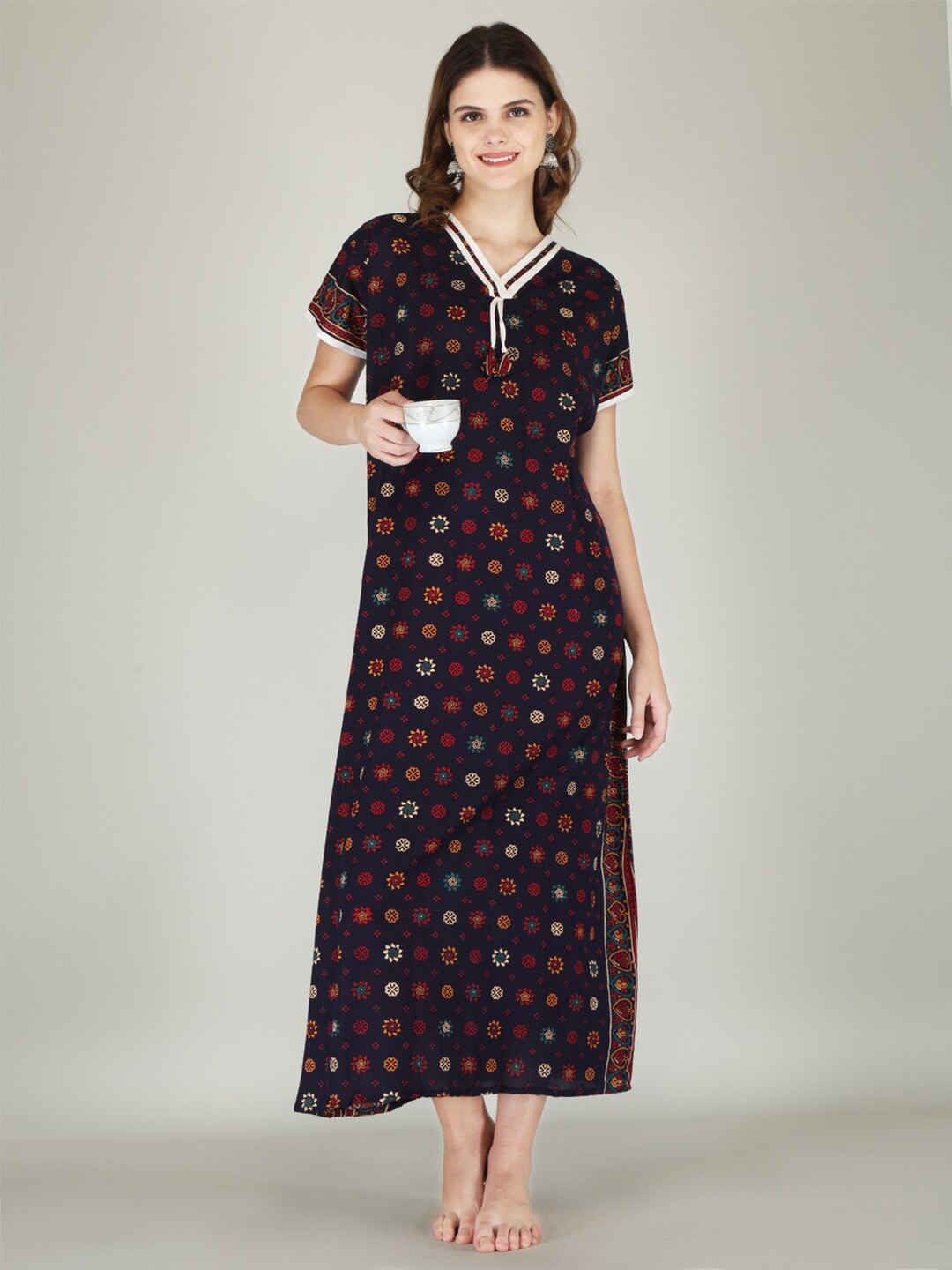 

JVSP FASHION Floral Printed Maxi Nightdress, Navy blue
