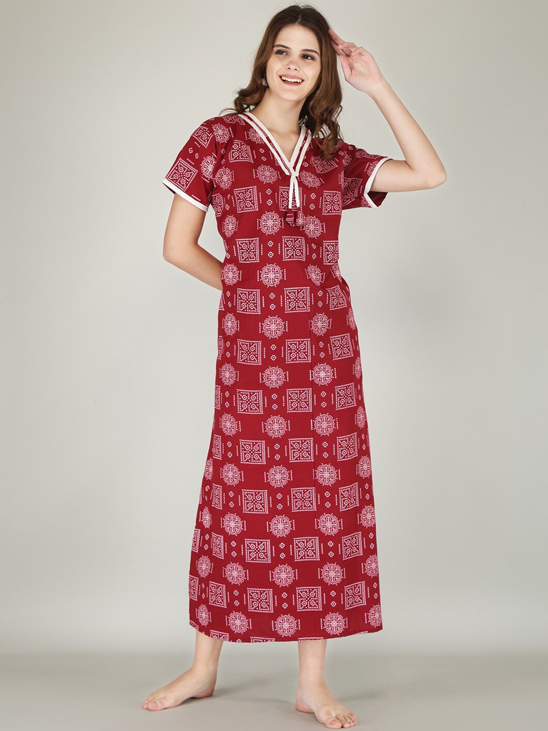 

JVSP FASHION Ethnic Motifs Printed Maxi Everyday Nightdress, Maroon