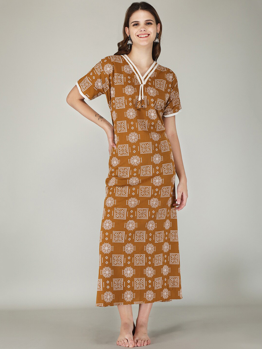 

JVSP FASHION Ethnic Motifs Printed Maxi Nightdress, Brown