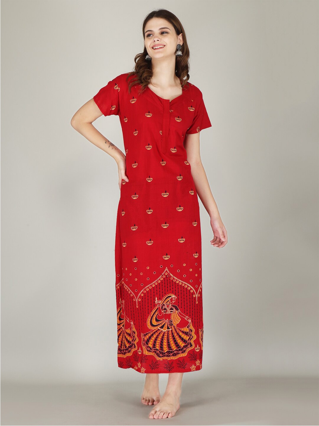 

JVSP FASHION Ethnic Motifs Printed Maxi Nightdress, Red