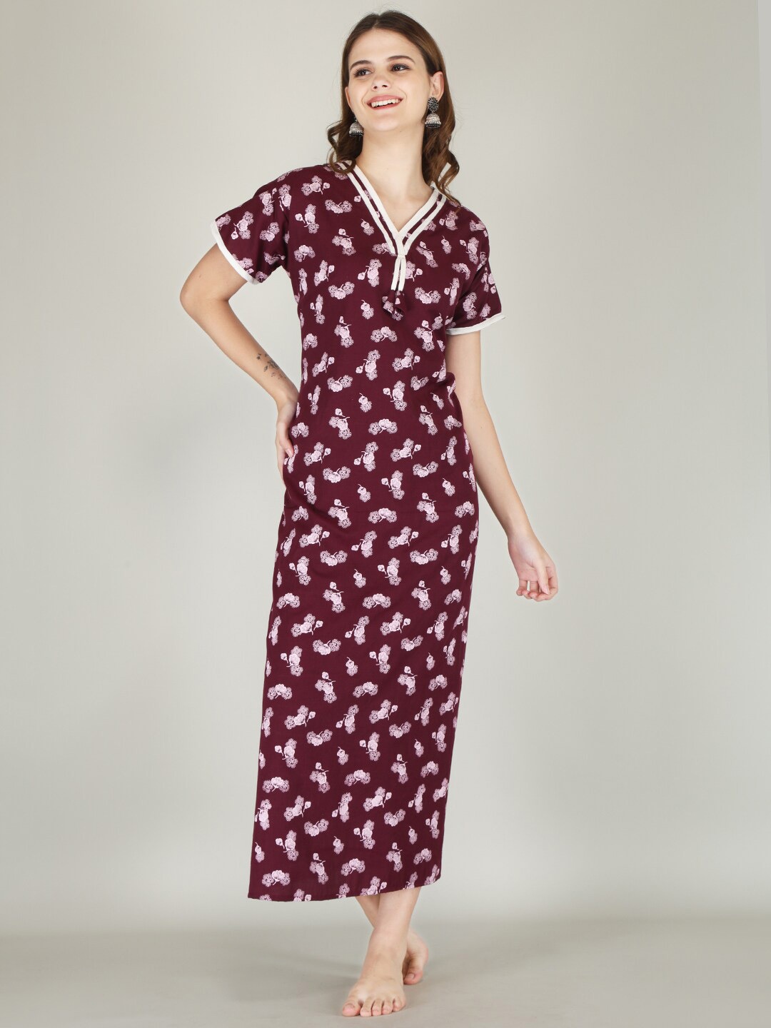 JVSP FASHION Floral Printed Maxi Nightdress, Maroon