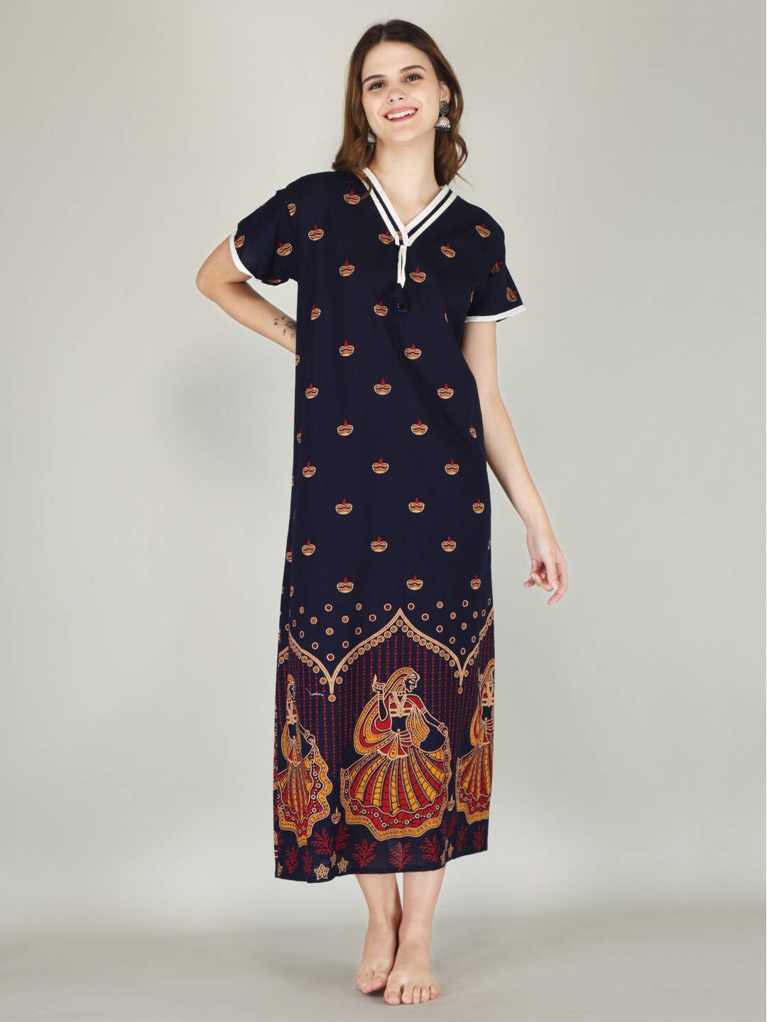 

JVSP FASHION Ethnic Motifs Printed Maxi Everyday Nightdress, Navy blue