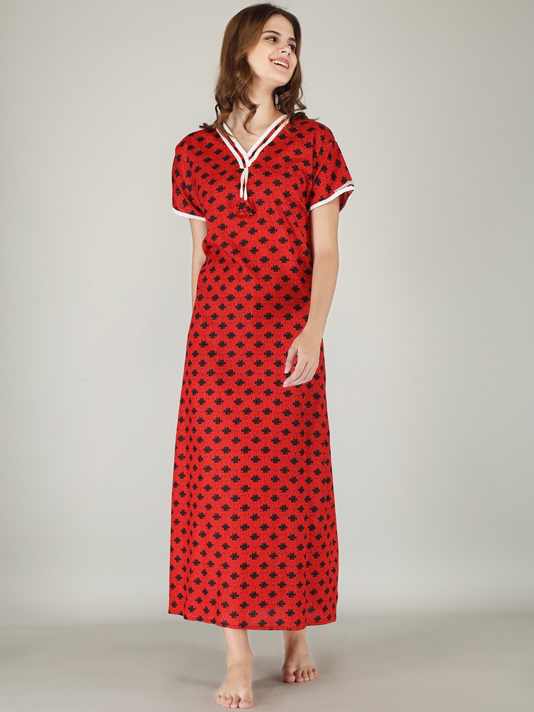 JVSP FASHION Ethnic Motifs Printed Maxi Everyday Nightdress, Red