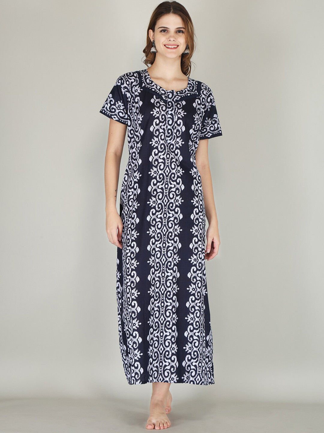 

JVSP FASHION Ethnic Motifs Printed Maxi Everyday Nightdress, Navy blue