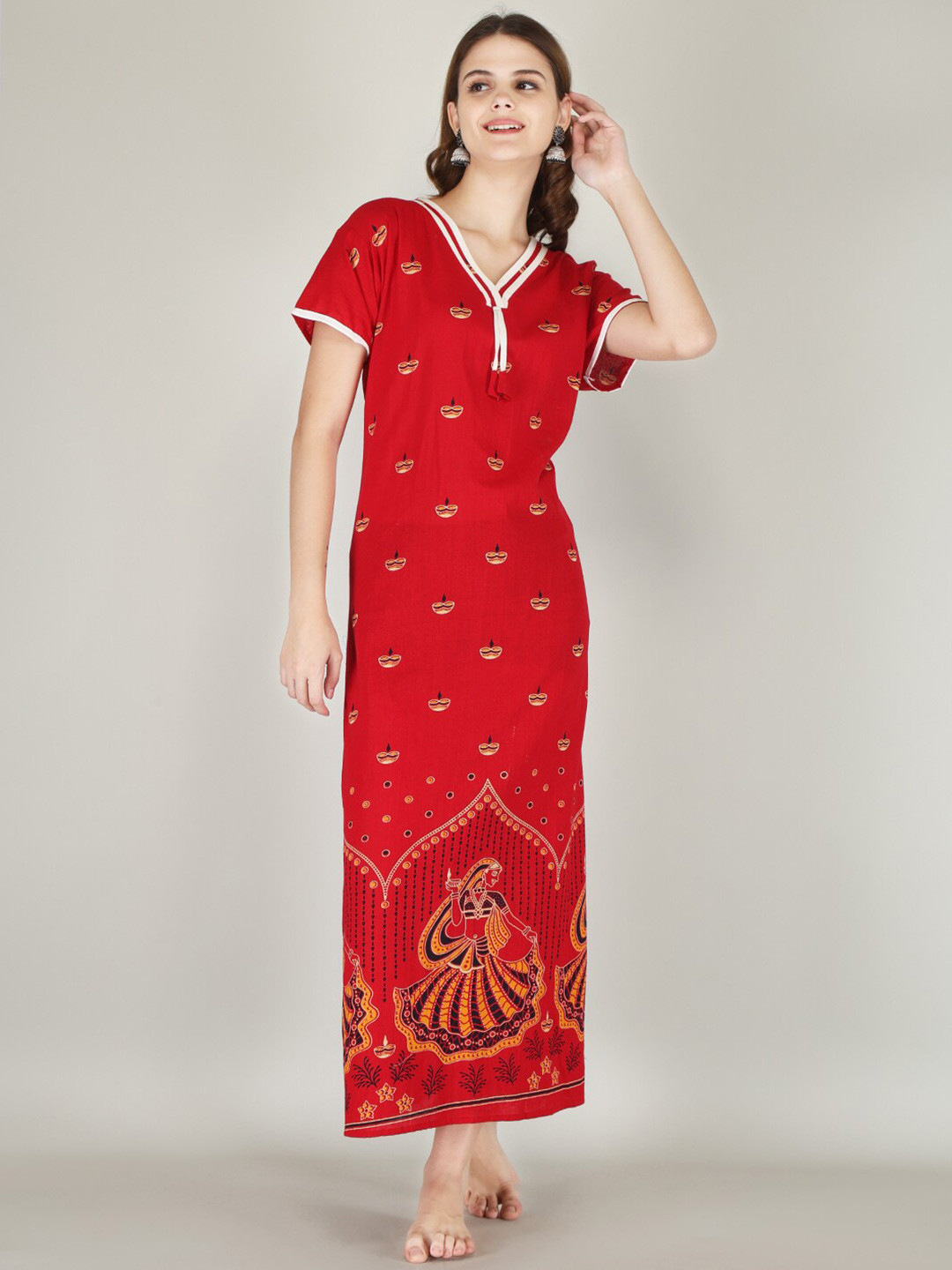 

JVSP FASHION Ethnic Motifs Printed Maxi Everyday Nightdress, Red