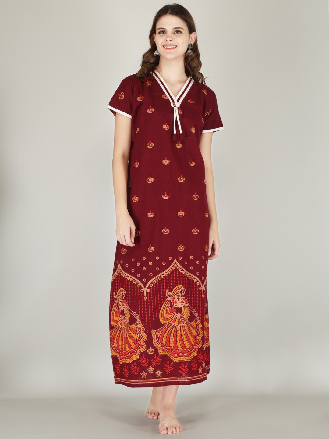 JVSP FASHION Ethnic Motifs Printed Maxi Nightdress, Maroon