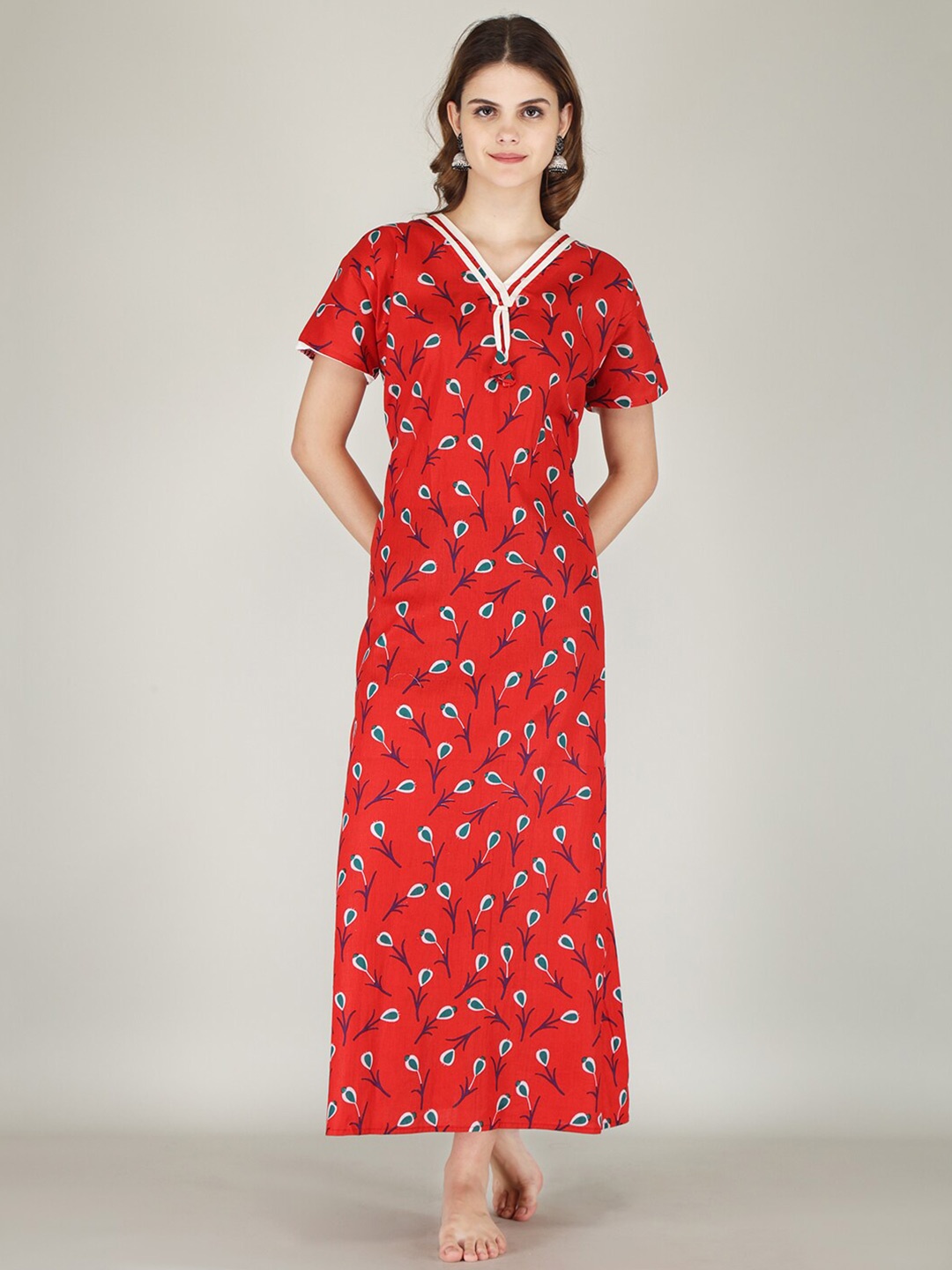 

JVSP FASHION Floral Printed Maxi Everyday Nightdress, Red