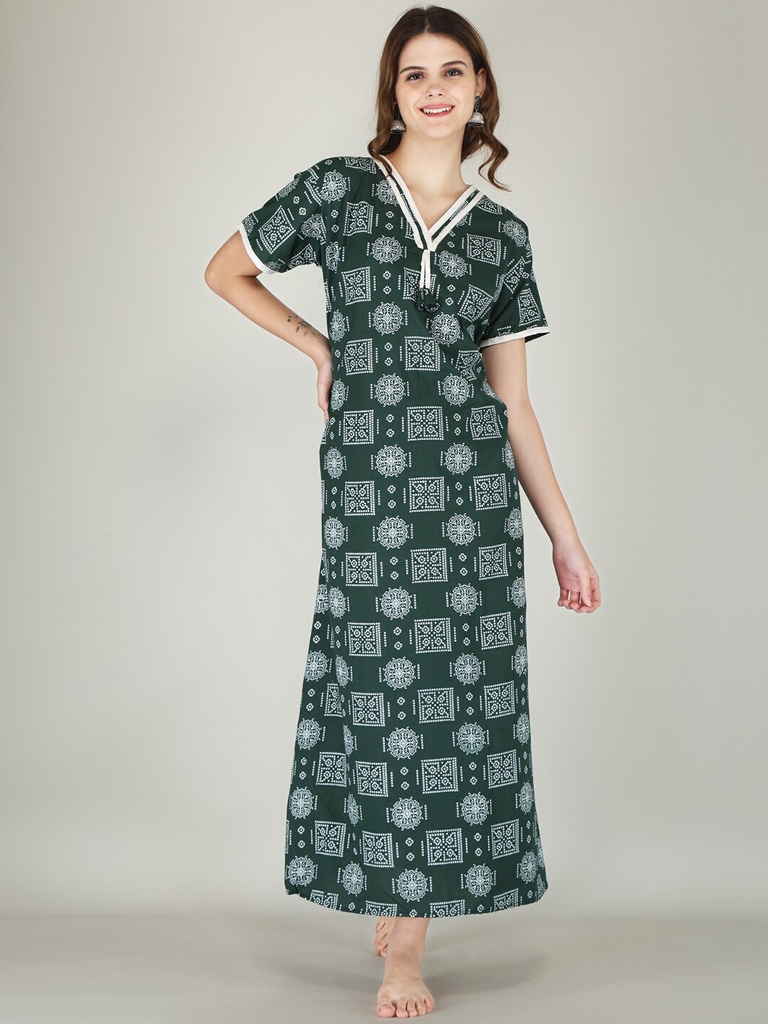 

JVSP FASHION Ethnic Motifs Printed Maxi Everyday Nightdress, Green