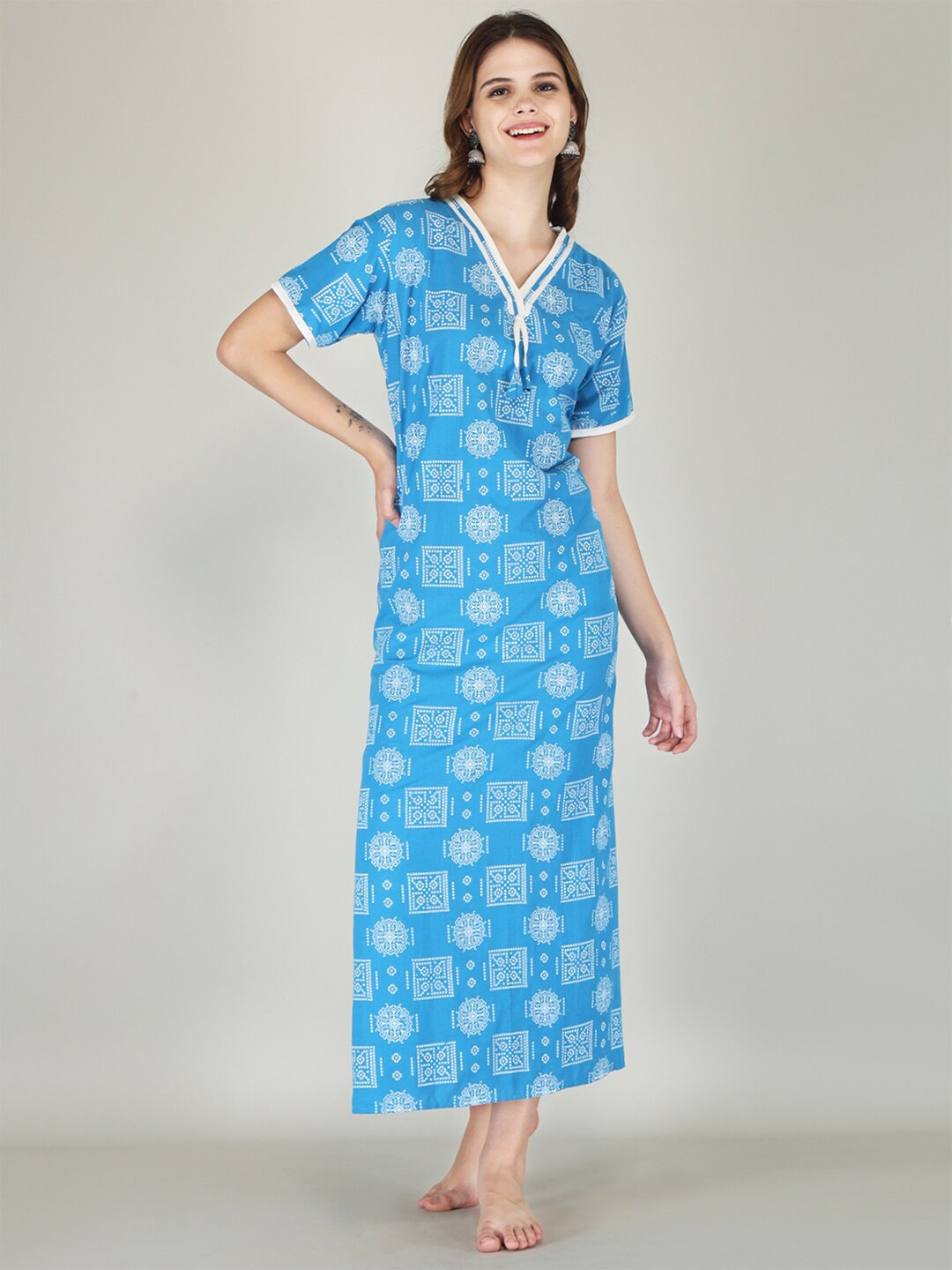 

JVSP FASHION Ethnic Motifs Printed Maxi Everyday Nightdress, Blue