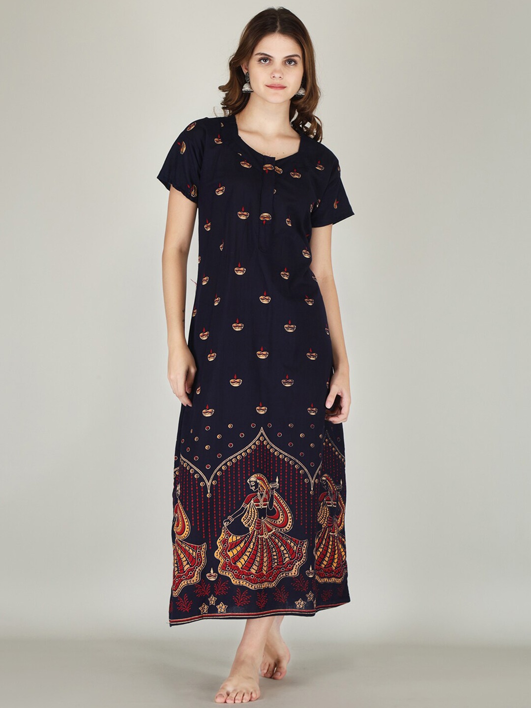 JVSP FASHION Ethnic Motifs Printed Maxi Nightdress, Navy blue