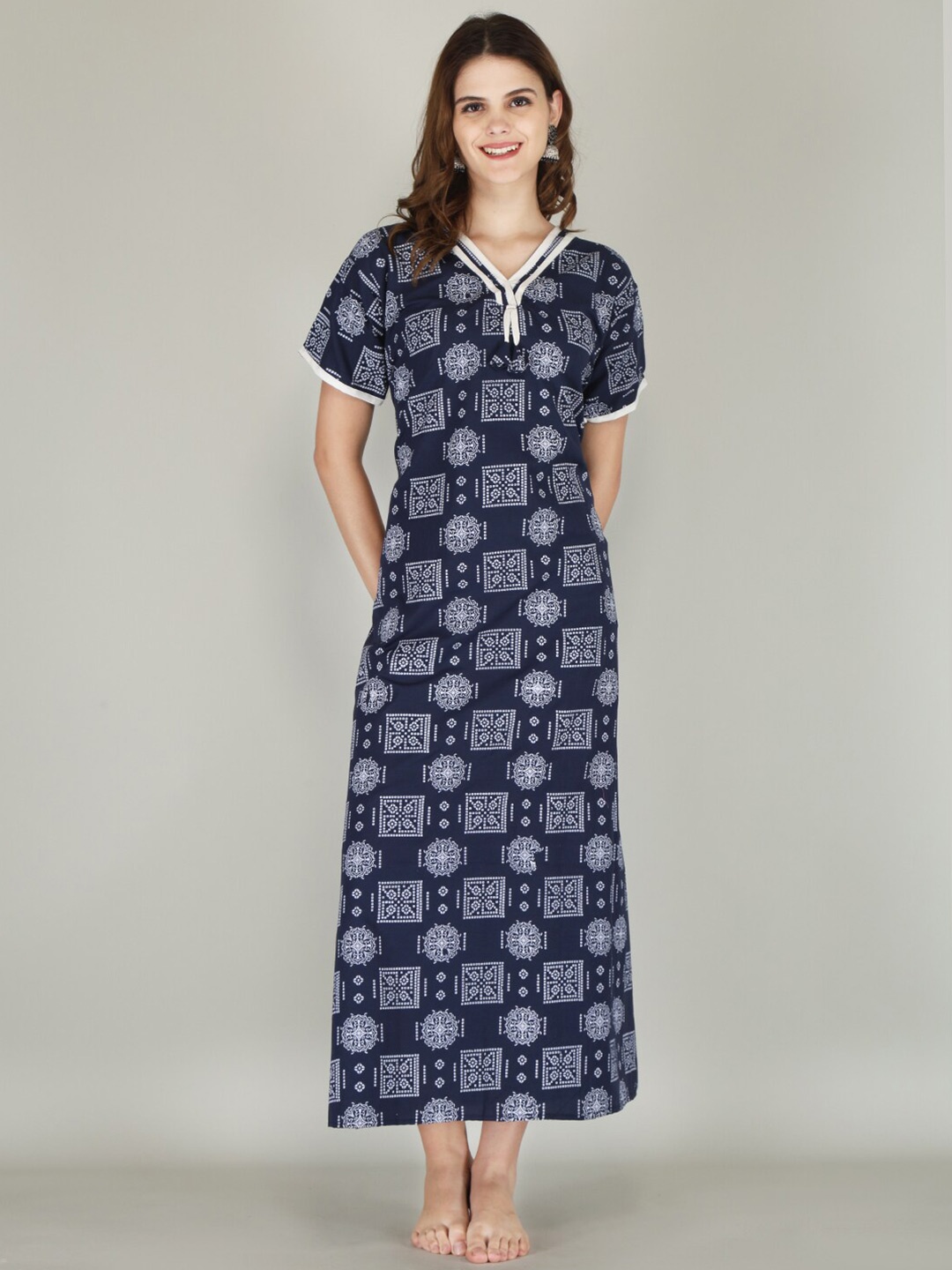 

JVSP FASHION Ethnic Motifs Printed Maxi Nightdress, Blue