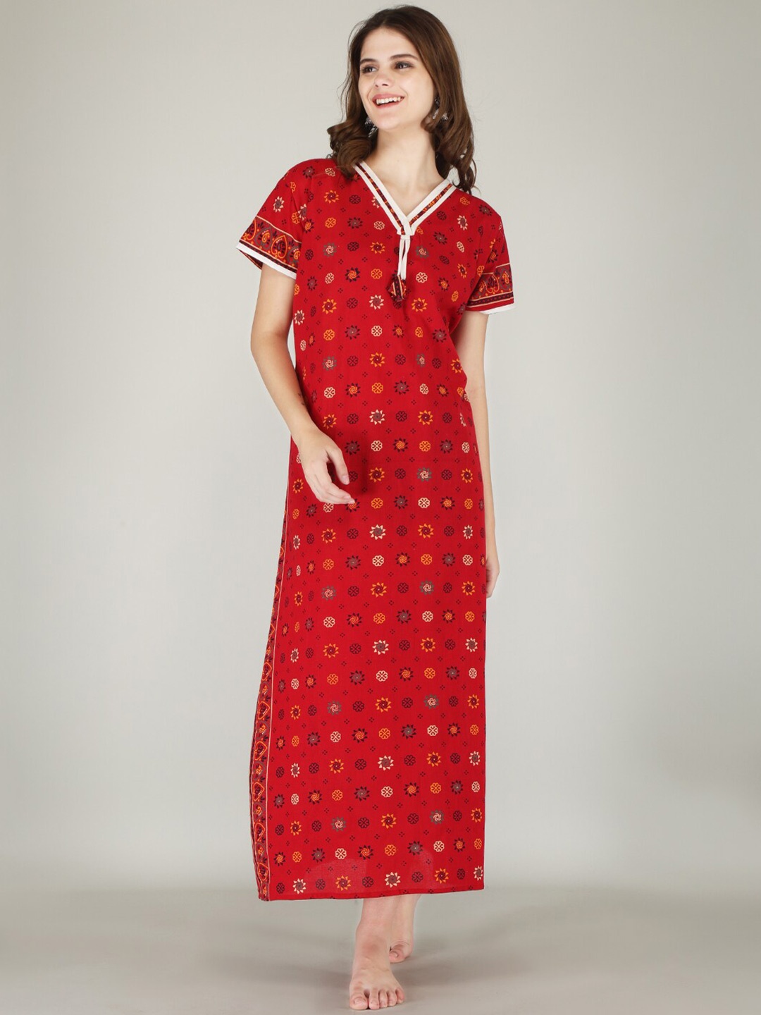 

JVSP FASHION Ethnic Motifs Printed Maxi Nightdress, Red