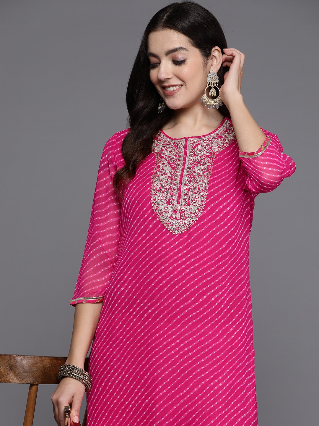 

Indo Era Women Floral Yoke Design Gotta Patti Georgette Kurta, Pink